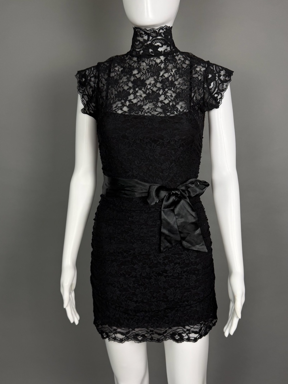 Black Lace High-Neck Mini Dress with Satin Waist Bow